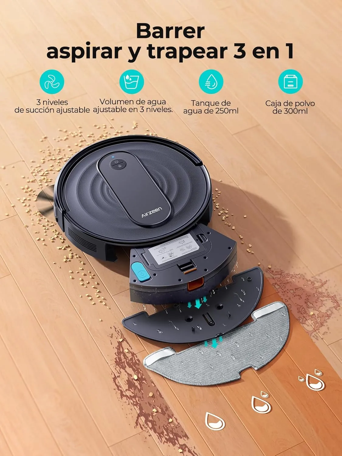 Airzeen Robot Aspirador y Fregasuelos, 3000Pa Succión, 3 en 1 Barrer, Aspirar y Trapear, Aspirador Robot con Auto Carpet Boost, 