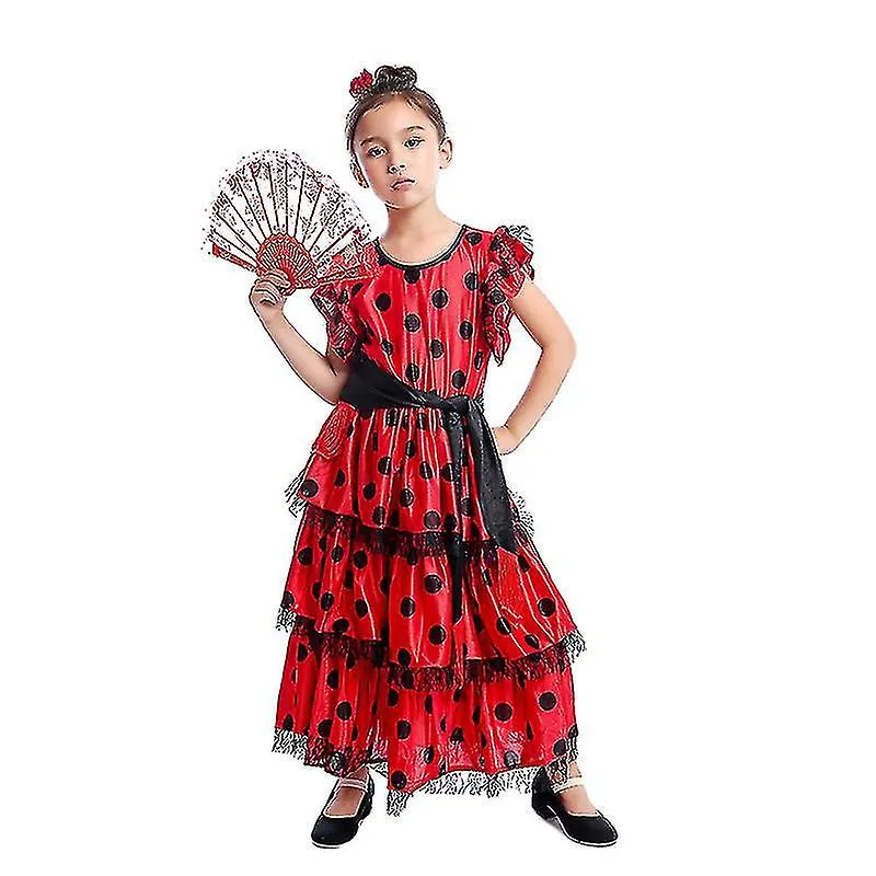 Chicas Baile Flamenco Español Vestido Niños Fiesta de Halloween España Baile Flamenco Vestidos Disfraz Con Cinturón Cabeza Abani